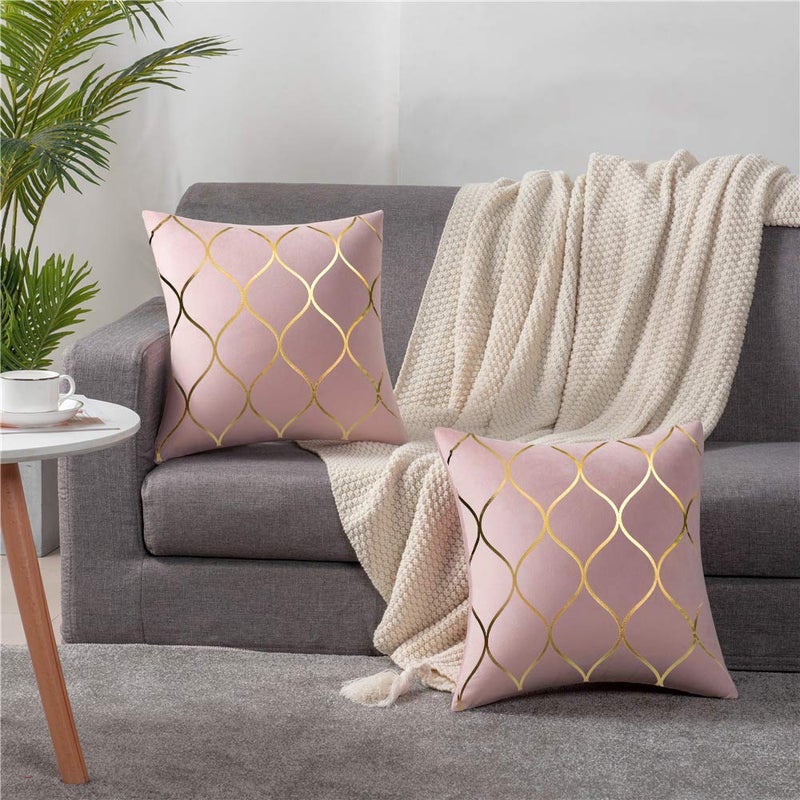 DEZENE Gold Velvet Throw Pillow Covers: 2 Pack 20x20 Inch Square Decorative Pillow Cases for Bedroom Sofa Couch Living Room, Pink - Image 3